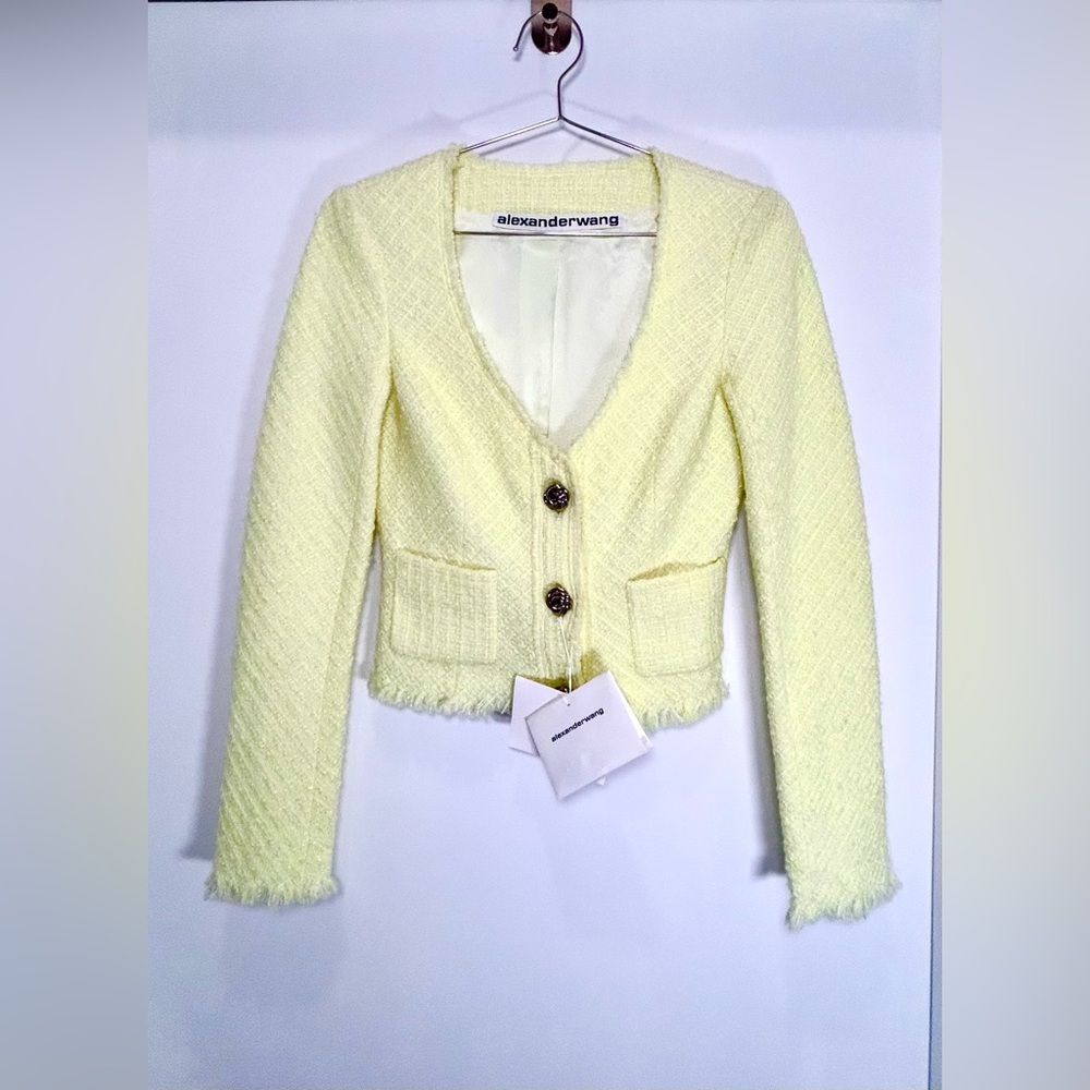 Alexander Wang Bias Tweed Cropped Cardigan Jacket – Highlighter Yellow - 0 - NWT - Picture 4 of 6